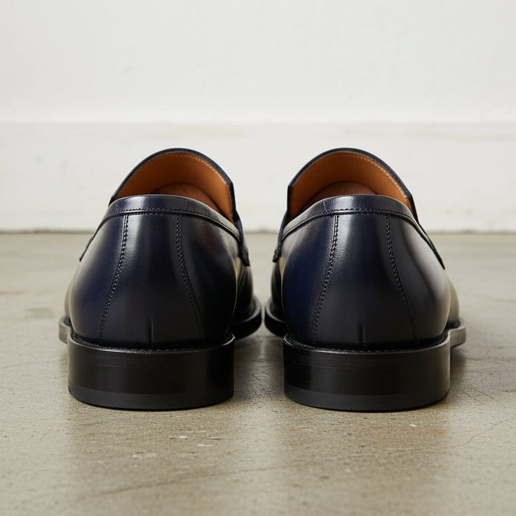 Men's Dark Blue Cap-Toe Leather Penny Loafers