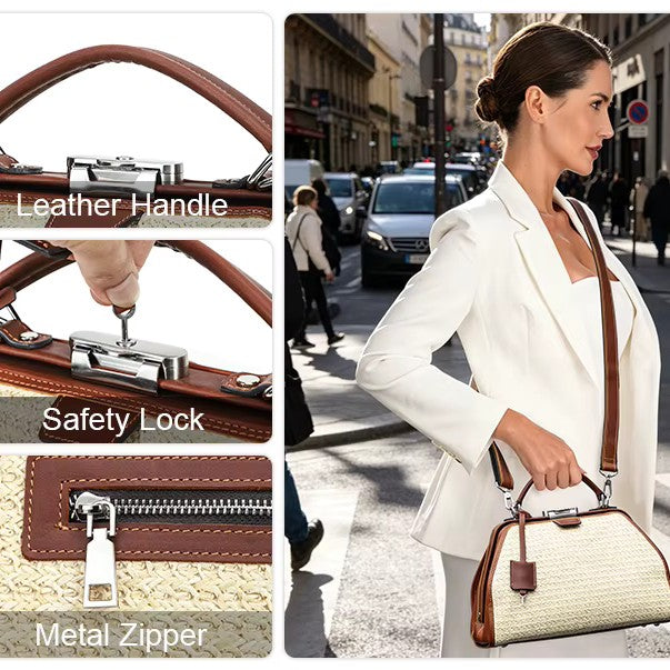 Women's Beige Woven Cognac Leather Trim Satchel Crossbody Bag