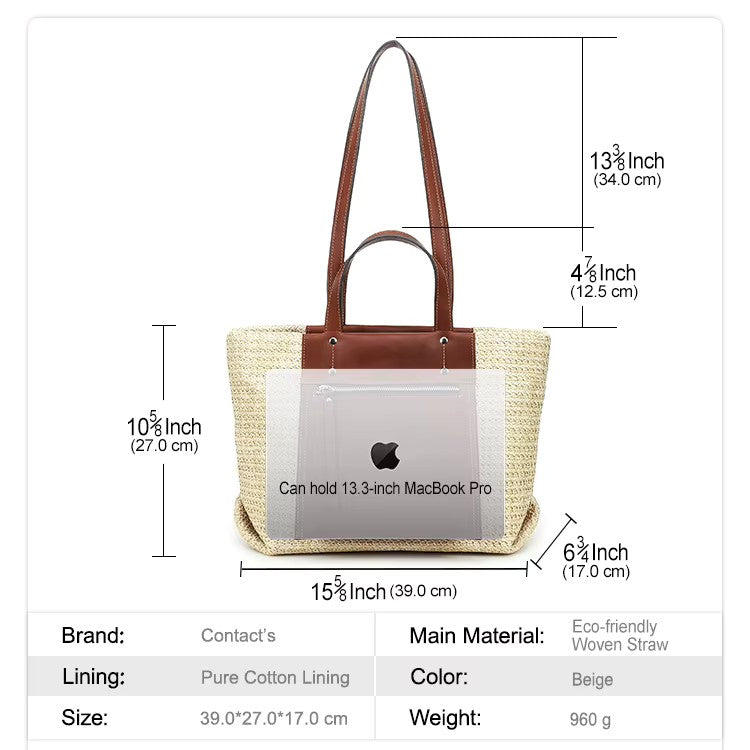 Women's Brown Leather Accent Cream Woven Tote Bag