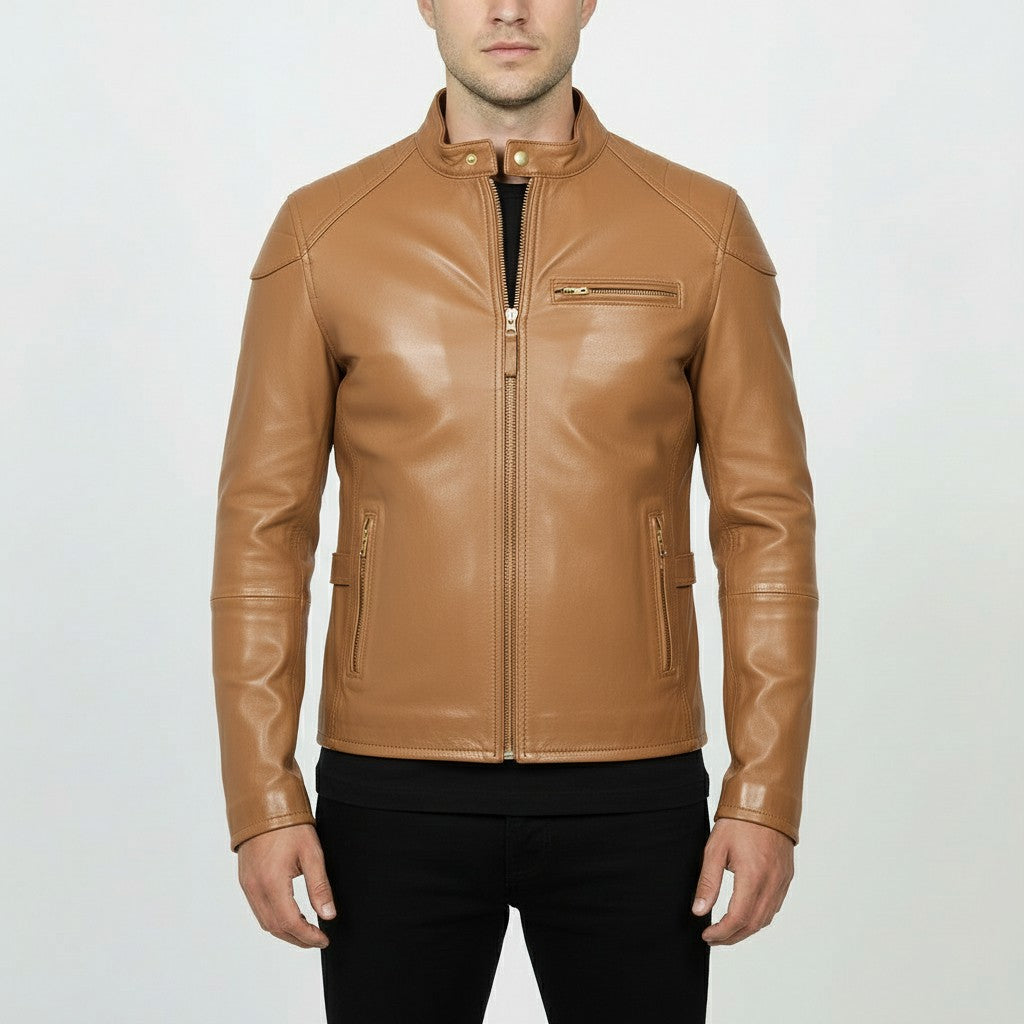 Men's Tan Slim Fit Leather Biker Jacket