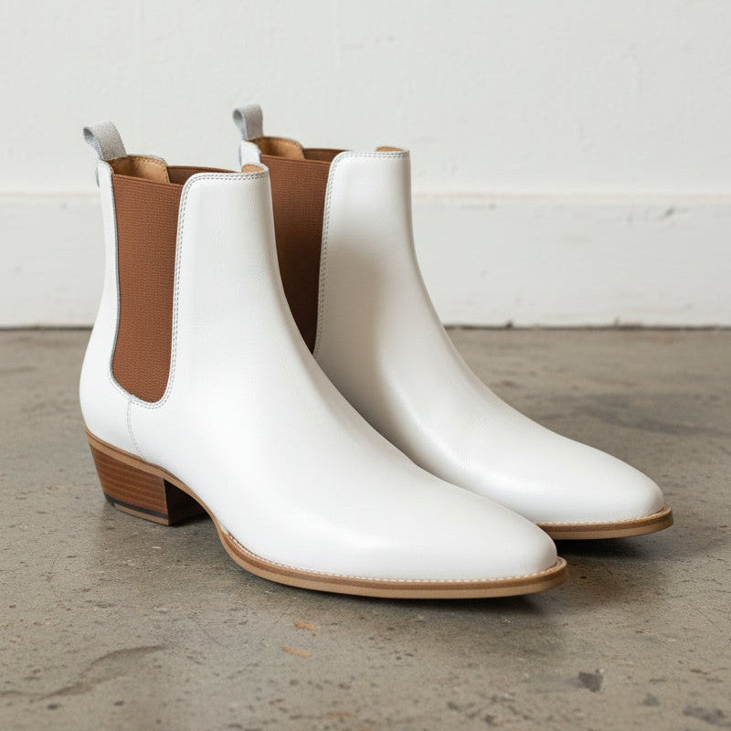 Men's White and Brown Plain-Toe Leather Chelsea Boots