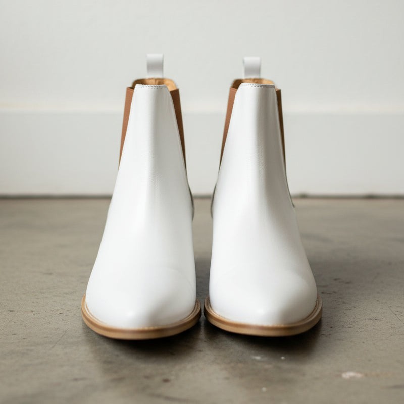 Men's White and Brown Plain-Toe Leather Chelsea Boots