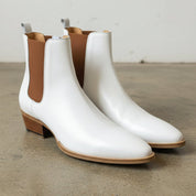 Men's White and Brown Plain-Toe Leather Chelsea Boots