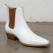 Men's White and Brown Plain-Toe Leather Chelsea Boots