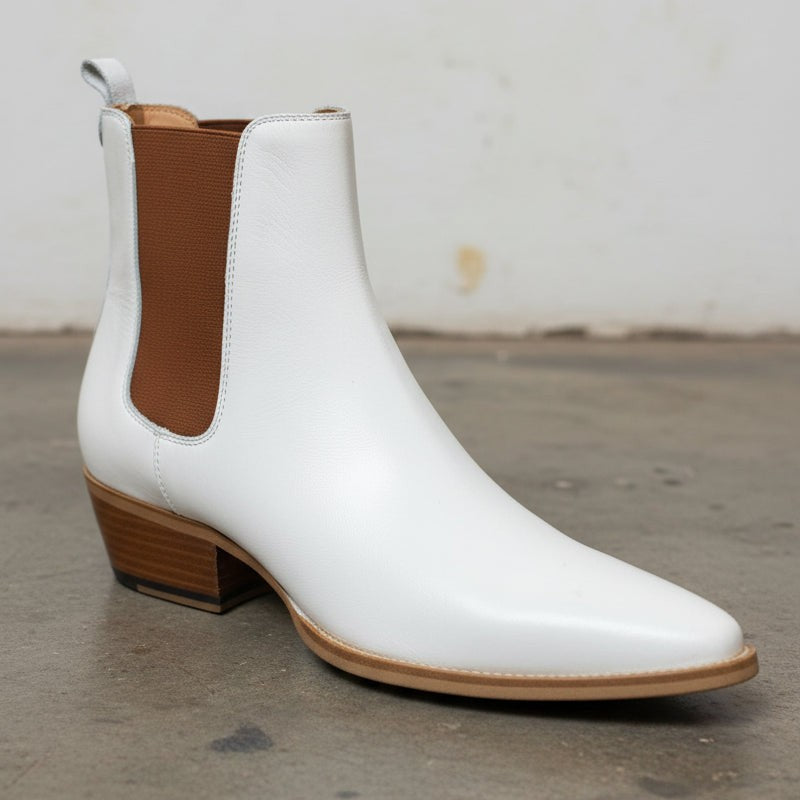 Men's White and Brown Plain-Toe Leather Chelsea Boots