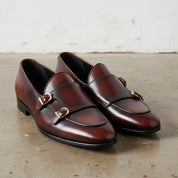 Handmade Men Shaded Burgundy Leather Double Monk Shoes, Belgian Monk Shoes