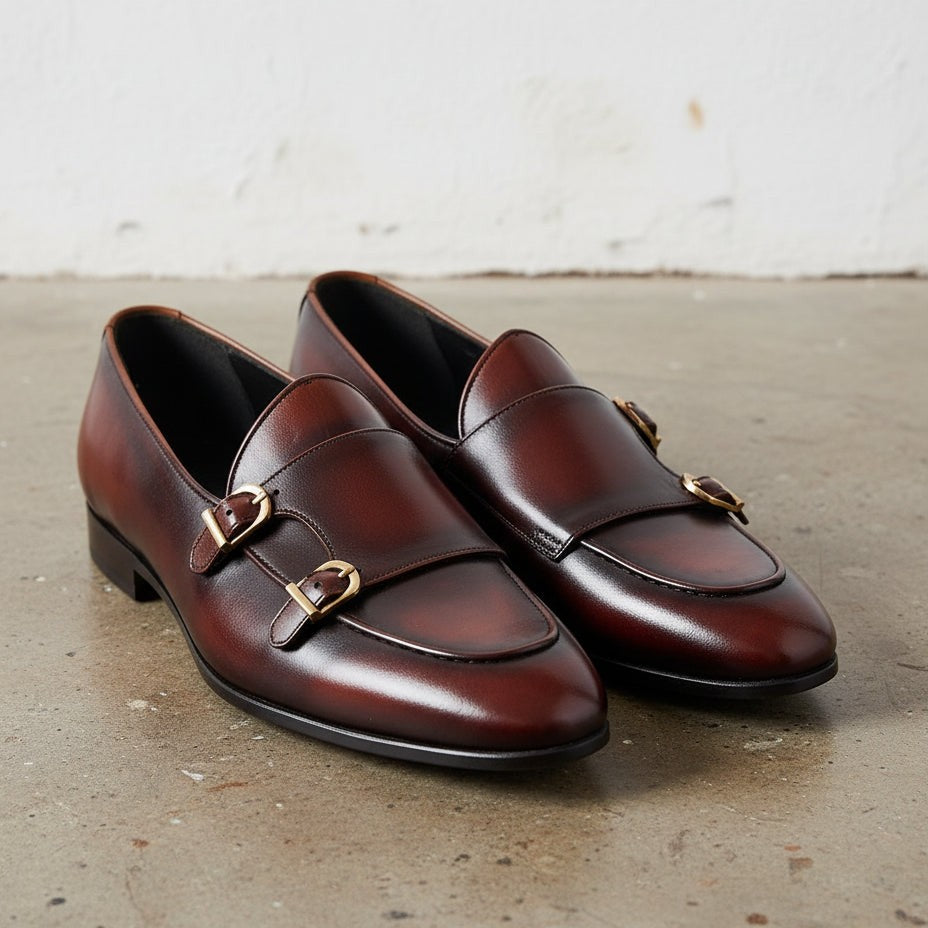 Handmade Men Shaded Burgundy Leather Double Monk Shoes, Belgian Monk Shoes