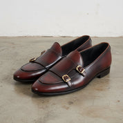 Handmade Men Shaded Burgundy Leather Double Monk Shoes, Belgian Monk Shoes