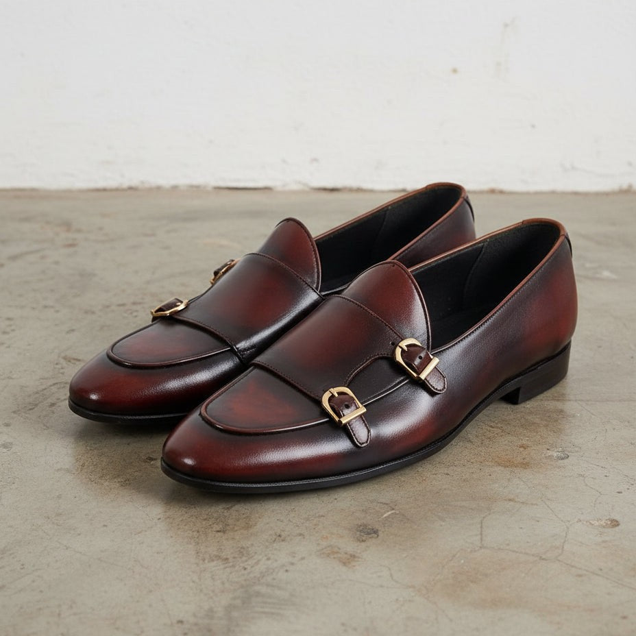 Handmade Men Shaded Burgundy Leather Double Monk Shoes, Belgian Monk Shoes