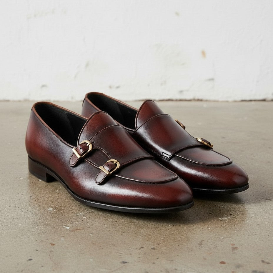 Handmade Men Shaded Burgundy Leather Double Monk Shoes, Belgian Monk Shoes