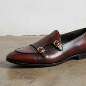 Handmade Men Shaded Burgundy Leather Double Monk Shoes, Belgian Monk Shoes