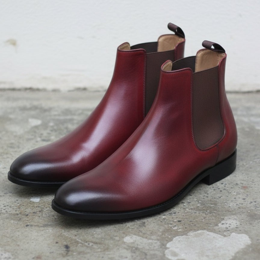 Men's Red and Black Plain-Toe Leather Chelsea Boots