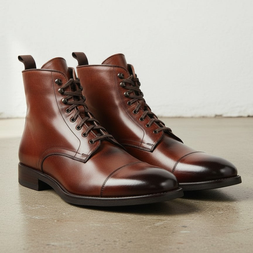 Men's Brown Cap-Toe Leather Ankle Boots