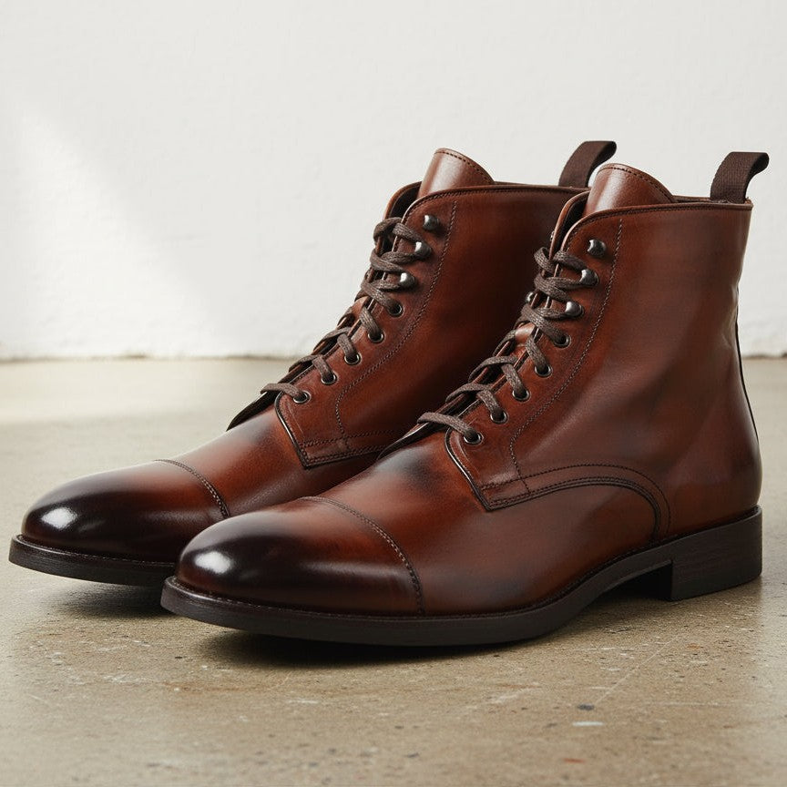 Men's Brown Cap-Toe Leather Ankle Boots