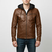 Men's Brown Hooded Leather Biker Jacket