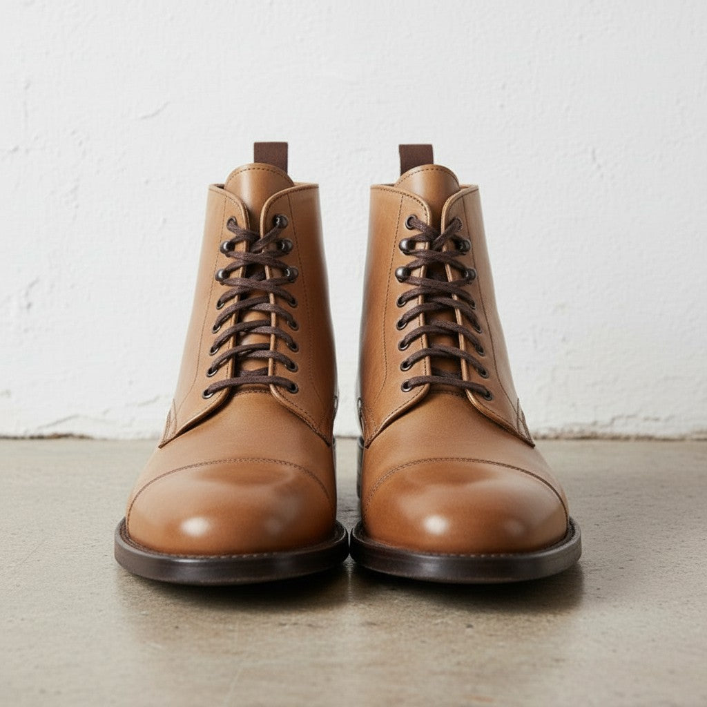Men's Tan Cap-Toe Leather Ankle Boots