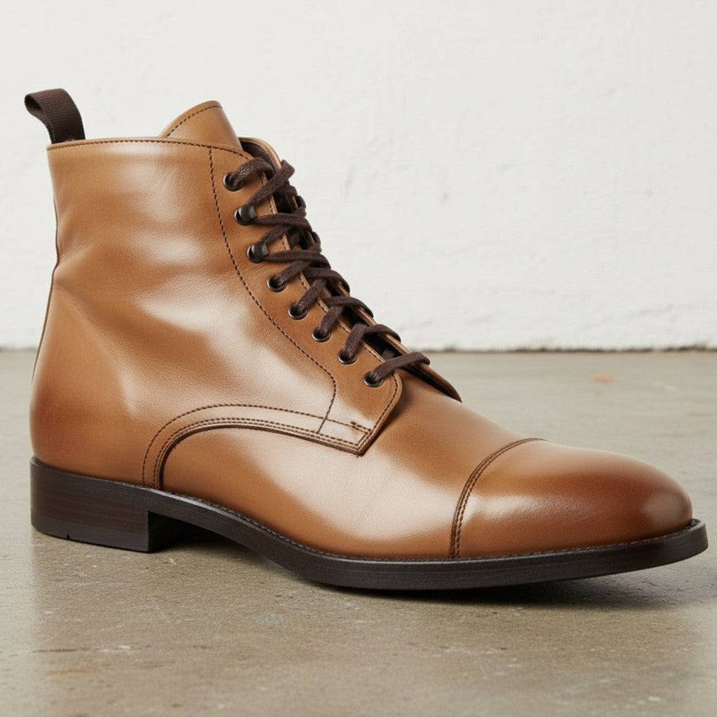 Men's Tan Cap-Toe Leather Ankle Boots
