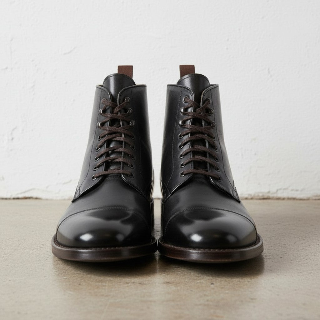 Men's Black Cap-Toe Leather Ankle Boots