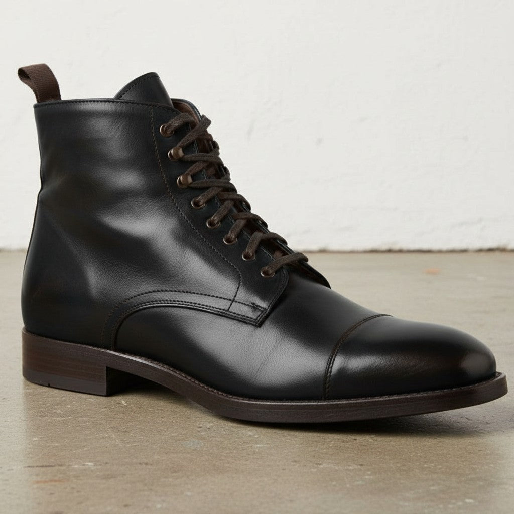 Men's Black Cap-Toe Leather Ankle Boots