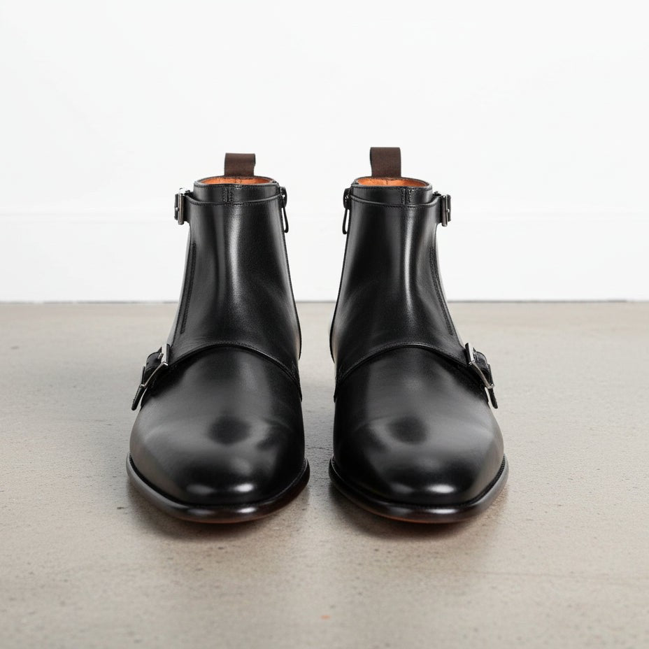 Men's Black Leather Monk Strap Boots