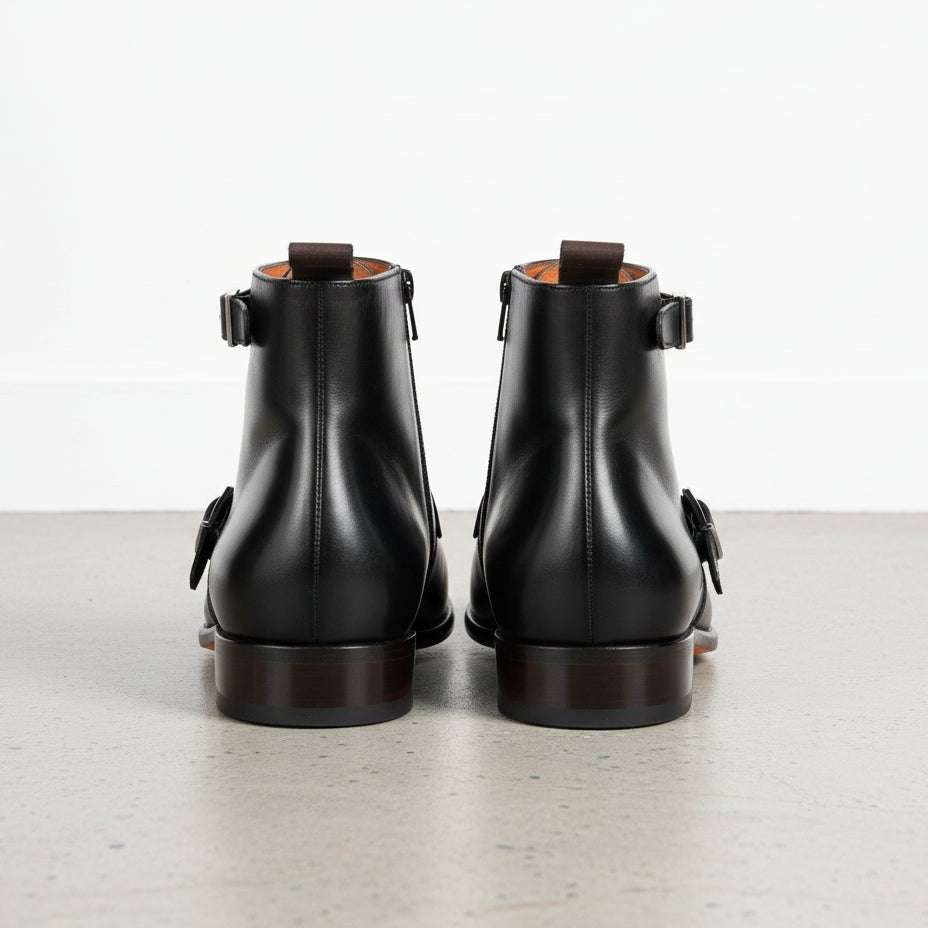 Men's Black Leather Monk Strap Boots