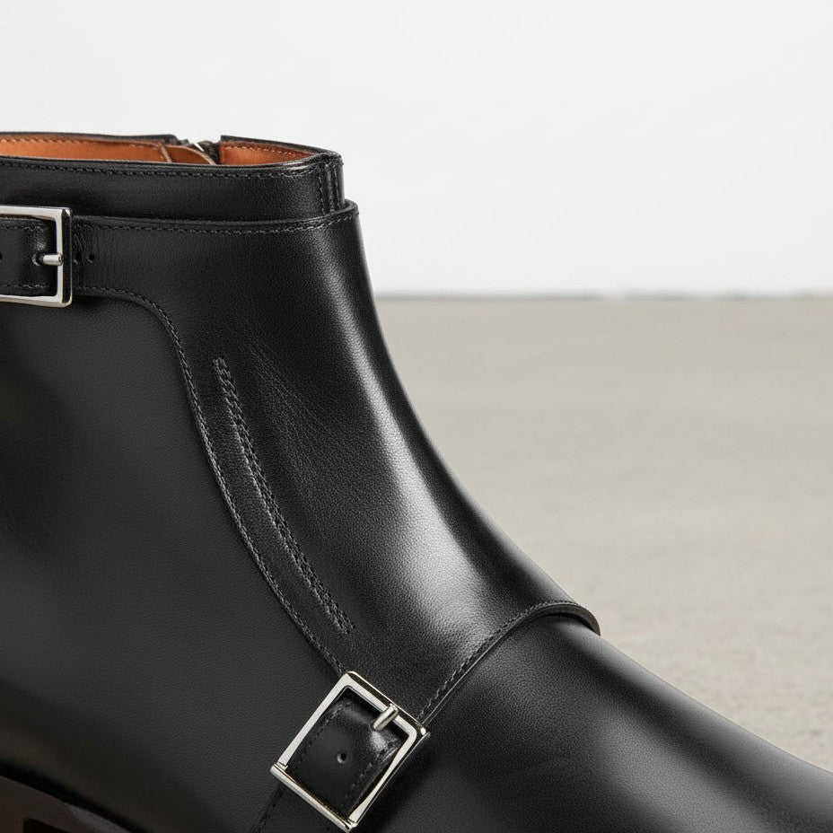 Men's Black Leather Monk Strap Boots
