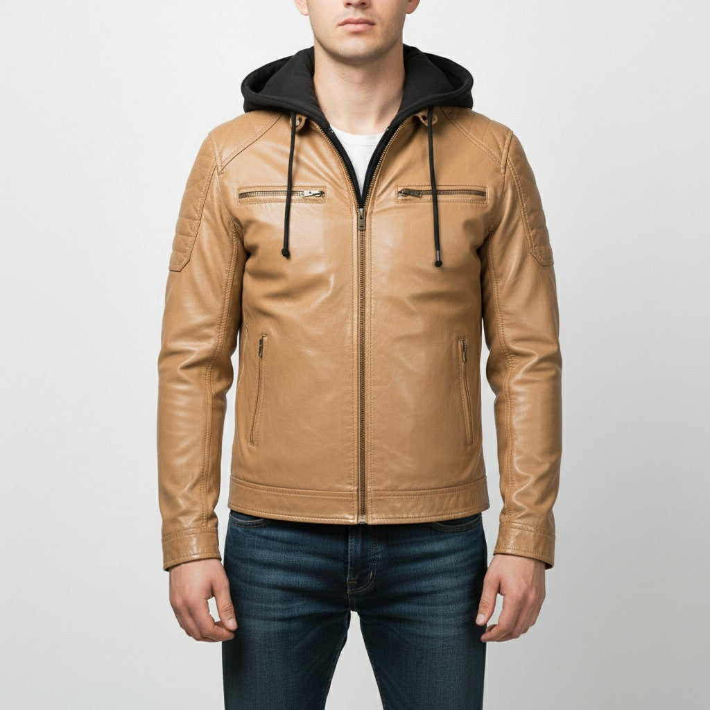 Men's Tan Hooded Leather Biker Jacket