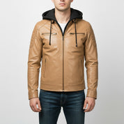 Men's Tan Hooded Leather Biker Jacket