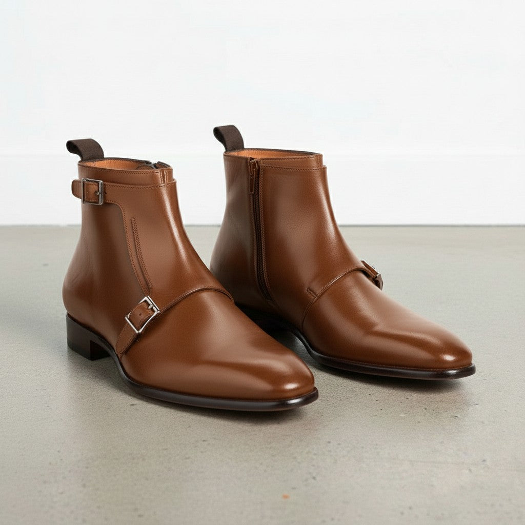 Men's Brown Leather Monk Strap Boots