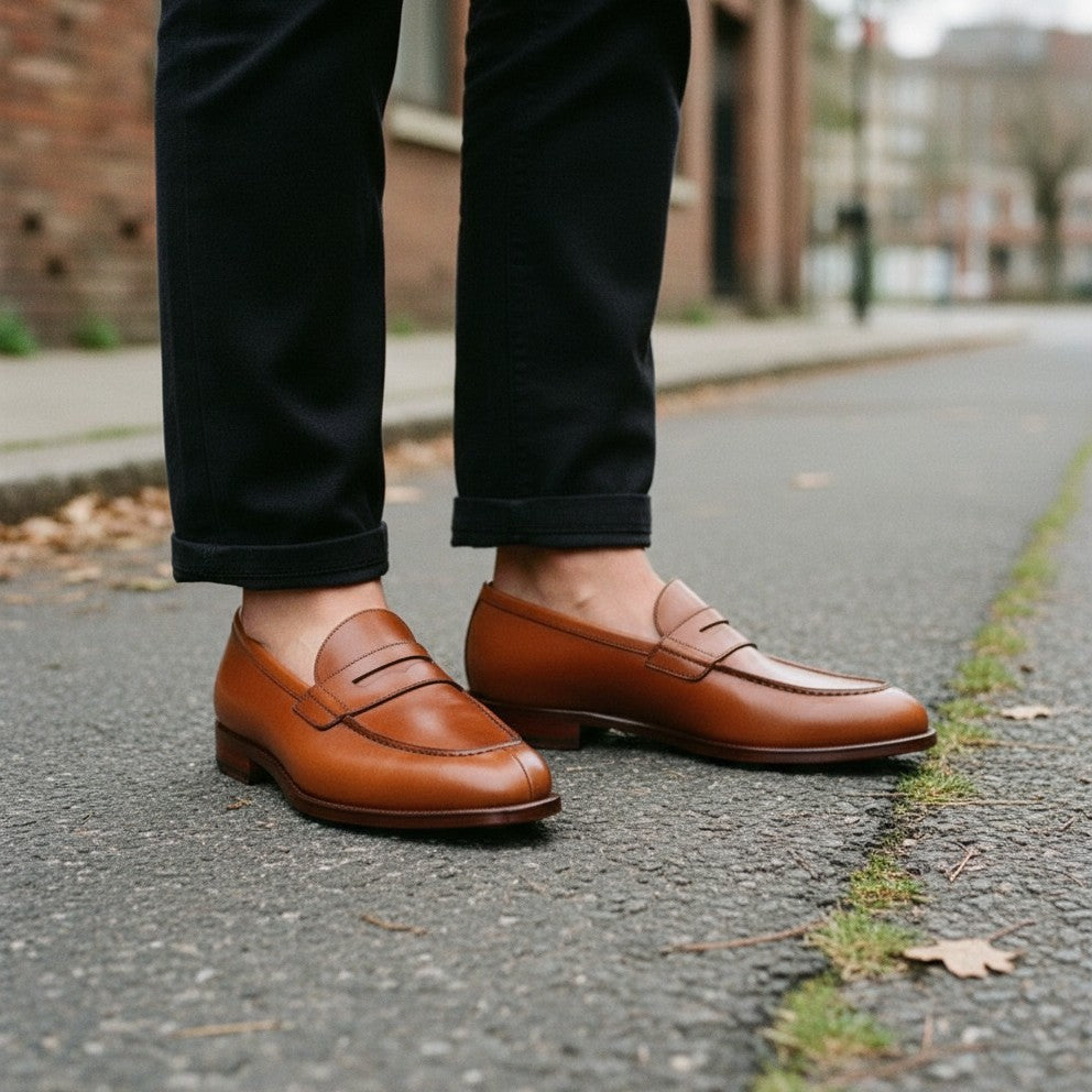 Men's Brown Apron-Toe Leather Penny Loafers