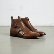 Men's Brown Side-Zip Leather Double Monk Ankle Boots