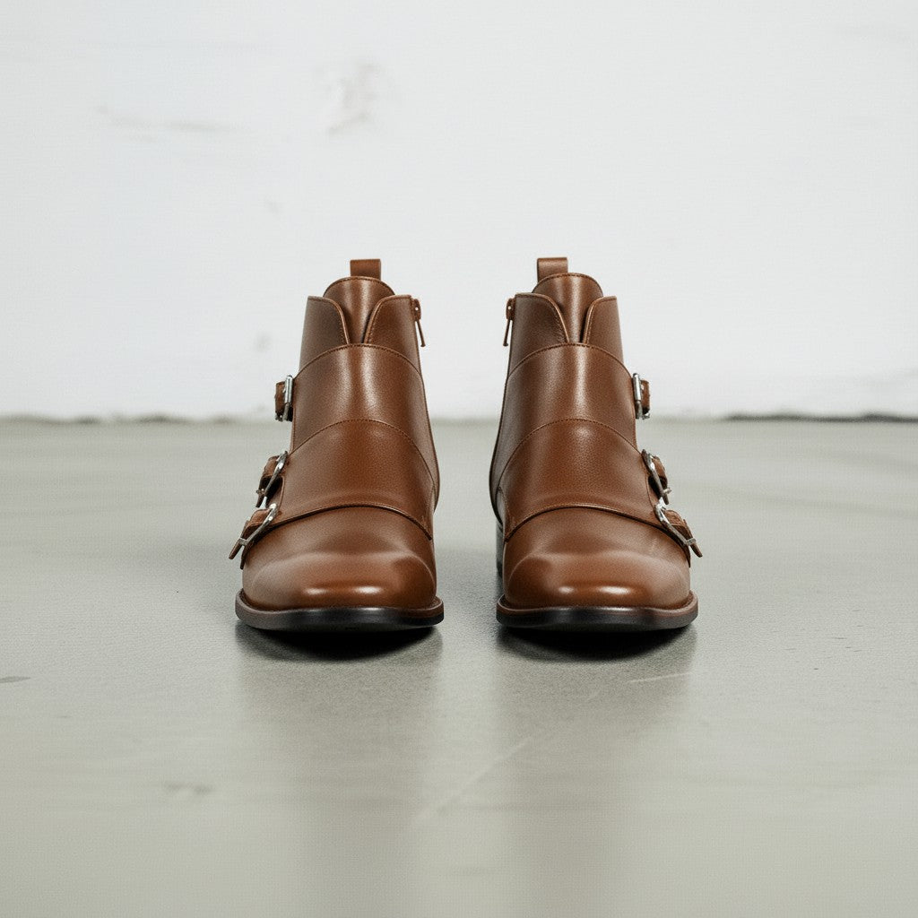 Men's Brown Side-Zip Leather Double Monk Ankle Boots
