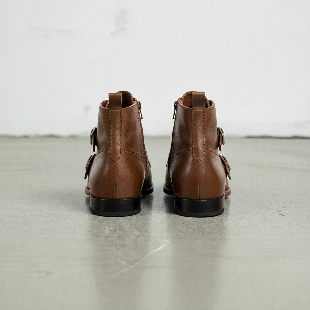 Men's Brown Side-Zip Leather Double Monk Ankle Boots