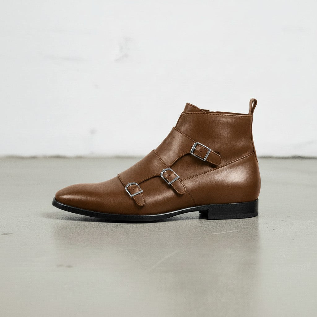 Men's Brown Side-Zip Leather Double Monk Ankle Boots