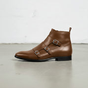 Men's Brown Side-Zip Leather Double Monk Ankle Boots