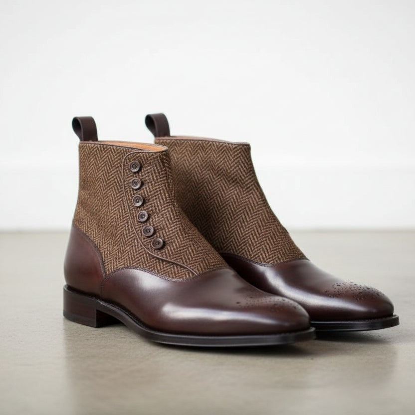 Men's Brown Button Leather Boots