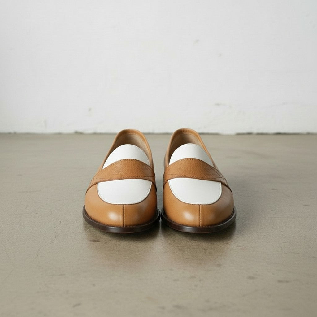 Men's Tan and White Leather Loafers