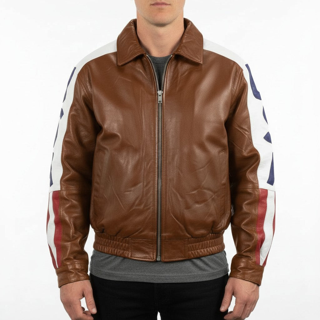 Men's Brown USA Flag Leather Biker Jacket