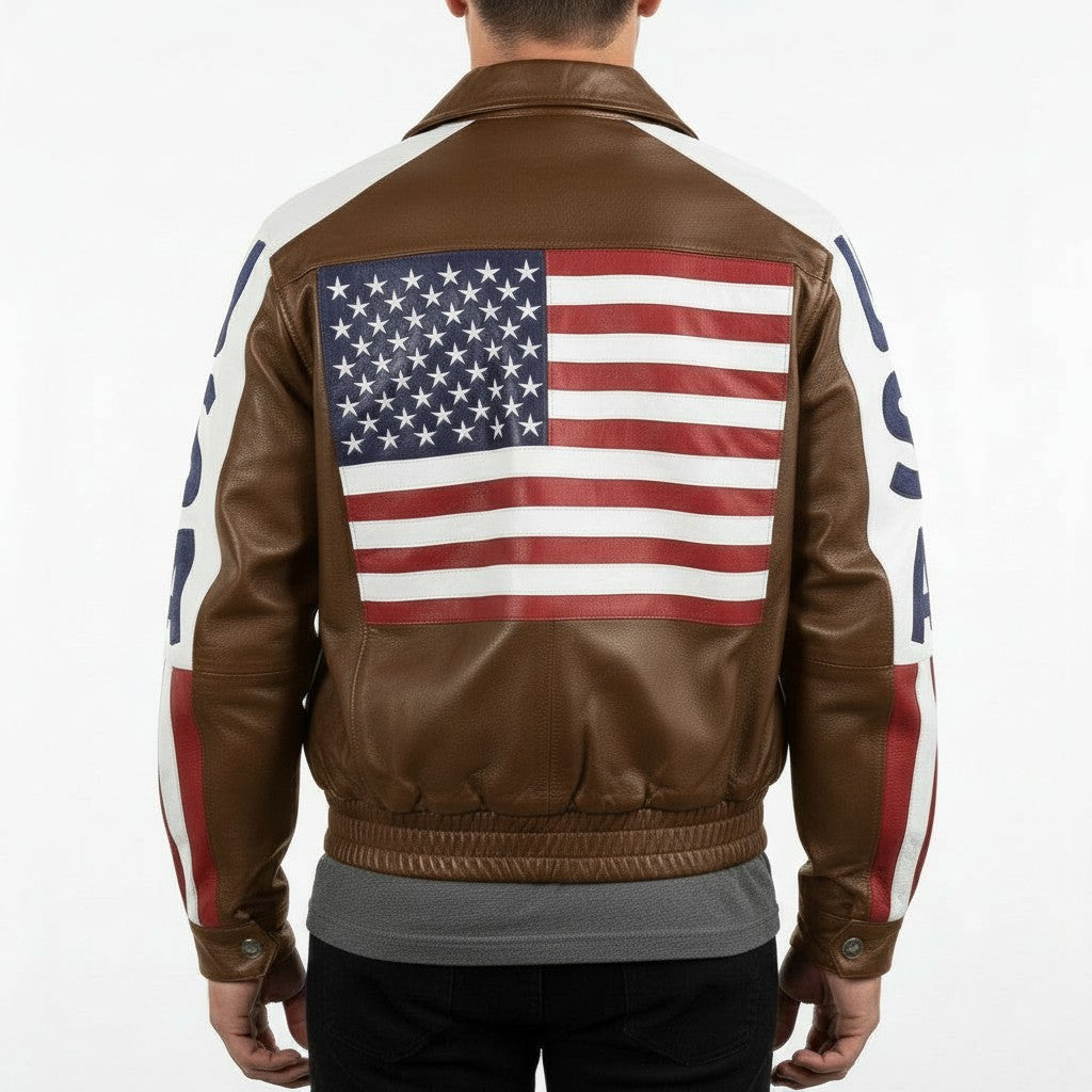Men's Brown USA Flag Leather Biker Jacket