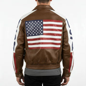 Men's Brown USA Flag Leather Biker Jacket