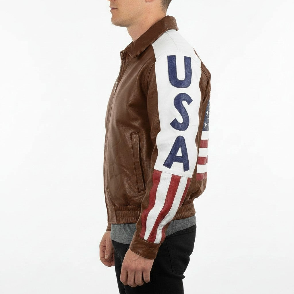 Men's Brown USA Flag Leather Biker Jacket