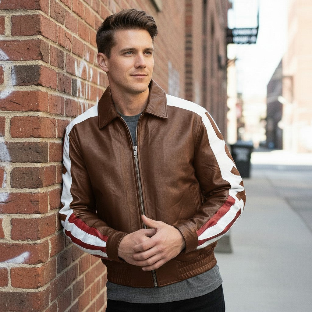 Men's Brown USA Flag Leather Biker Jacket