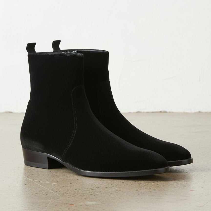 Men's Black Suede Ankle Dress Boots with Side Zip Closure