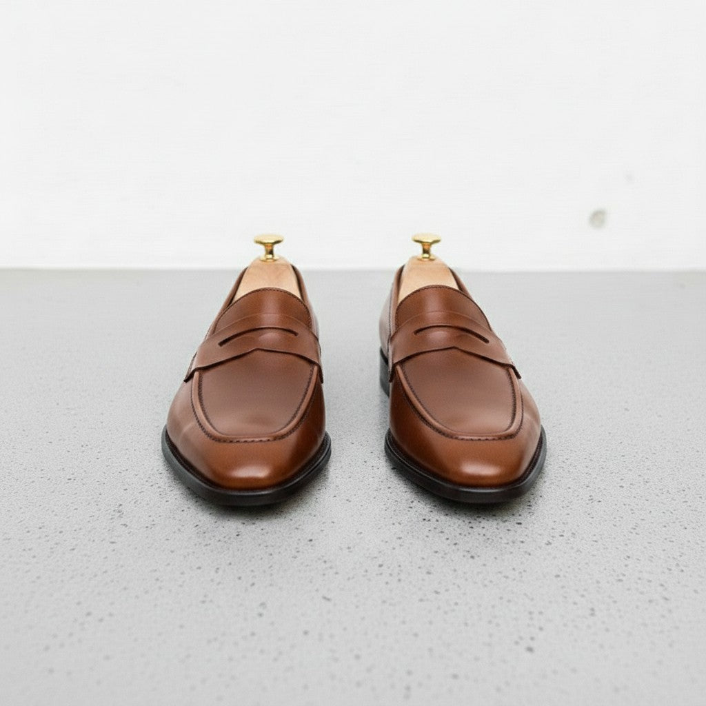 Men's Brown Apron-Toe Leather Penny Loafers