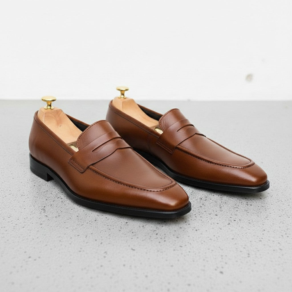 Men's Brown Apron-Toe Leather Penny Loafers