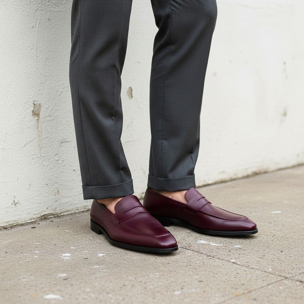 Men's Burgundy Apron-Toe Leather Penny Loafers