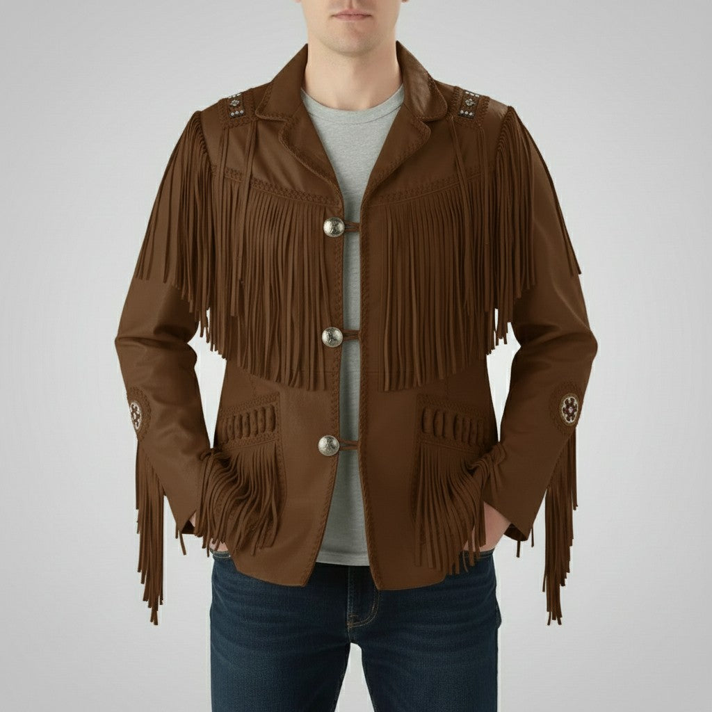 Men's Handmade Fringed Brown Suede Cowboy Jacket