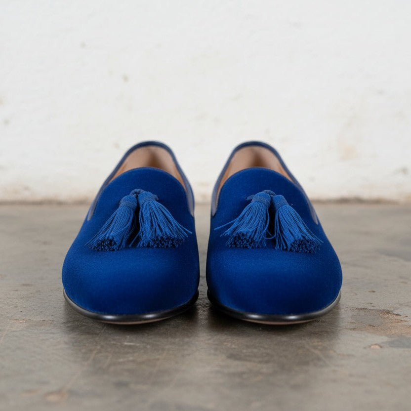 Men's Blue Plain-Toe Suede Tassel Loafers