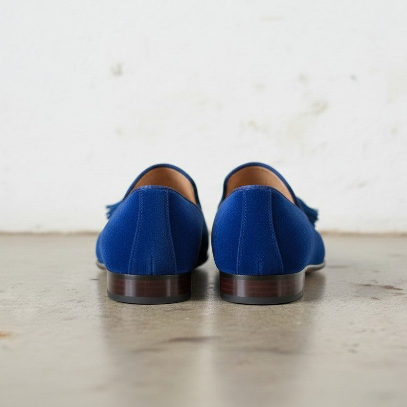 Men's Blue Plain-Toe Suede Tassel Loafers