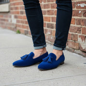 Men's Blue Plain-Toe Suede Tassel Loafers